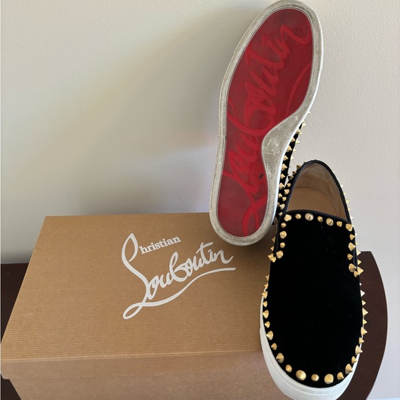Christian Louboutin Pik Boat Sneakers in Black Velvet with Gold Spikes - Picture 3 of 12